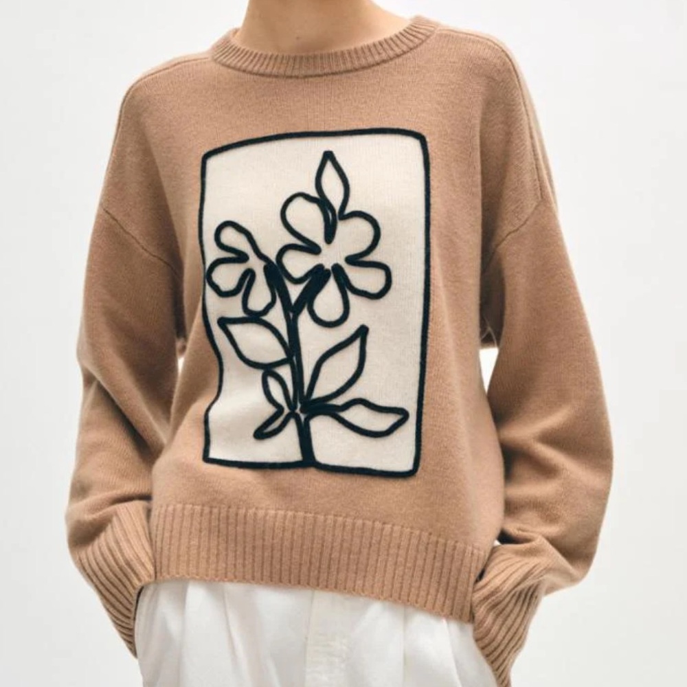 White + Warren || Cashmere Floral Applique Crewneck || Camel || S || NWT